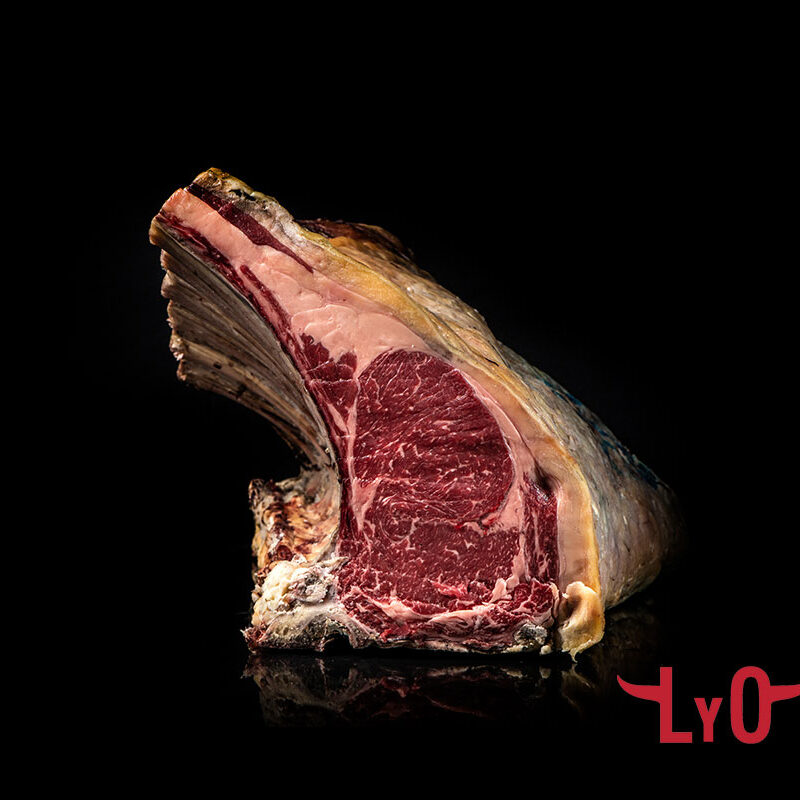 Chuletón de Vaca Rubia madurado 180 días, con el hueso largo a la vista, carne granate y grasa amarilla